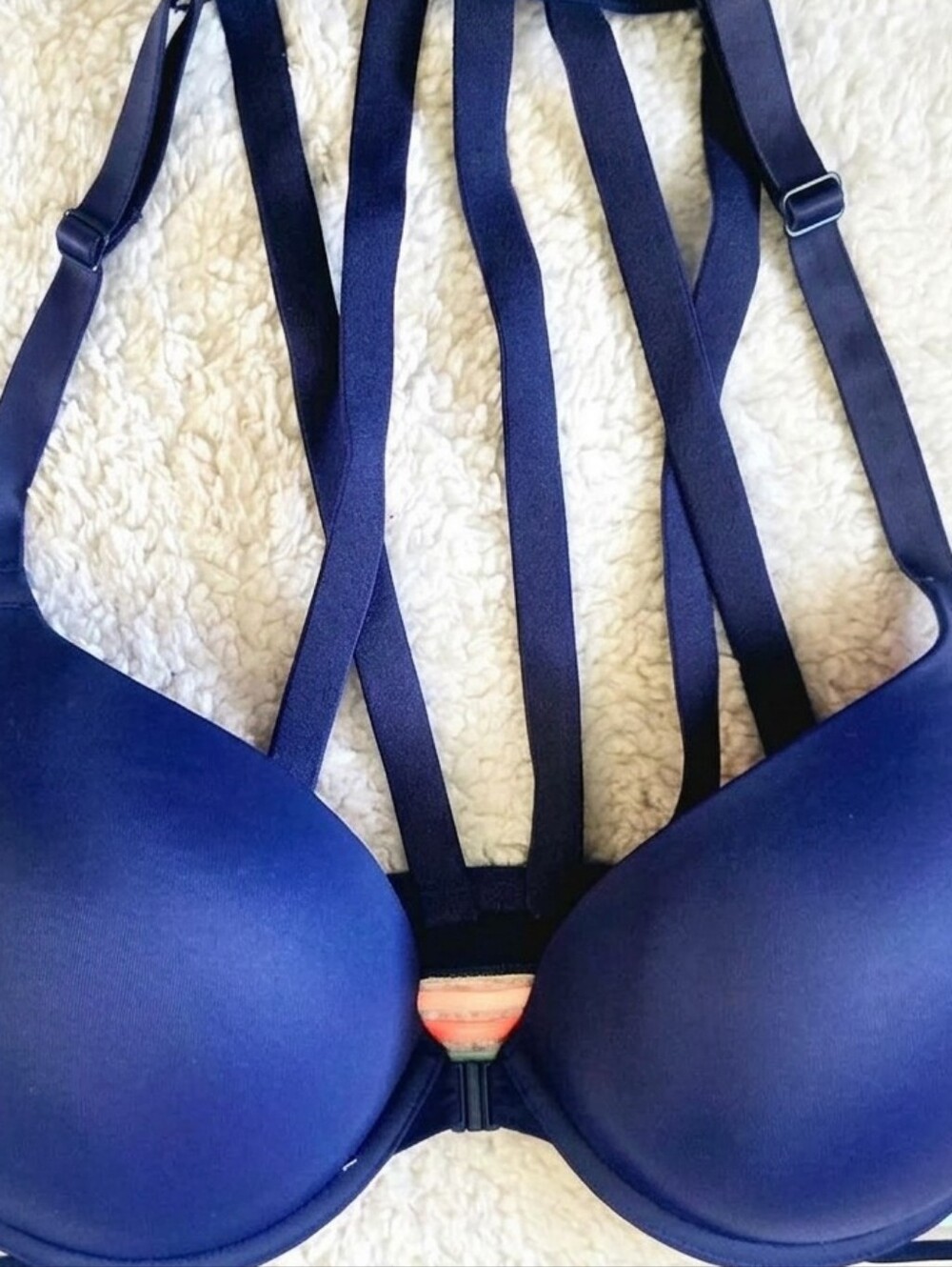 VS PINK Front Closure Push Up Bra Navy Blue Strappy Cage Back Multi Strap Sz 36D